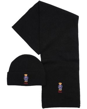 Polo Ralph Lauren Flag Bear Beanie And Scarf - Black