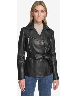 Andrew Marc Violet Belted Moto Leather Jacket - Black