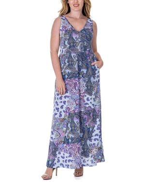24seven Comfort Apparel Print Sleeveless V Neck Maxi Pocket Dress - Purple