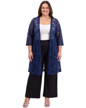 24seven Comfort Apparel Plus Size Floral Lace Open-front Jacket - Blue