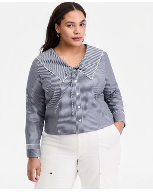 On 34th Trendy Plus Size Striped Cotton Button-front Shirt - Blue