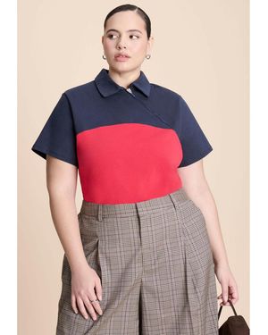 Eloquii Asym Zipper Neck Polo Shirt - Multicolor