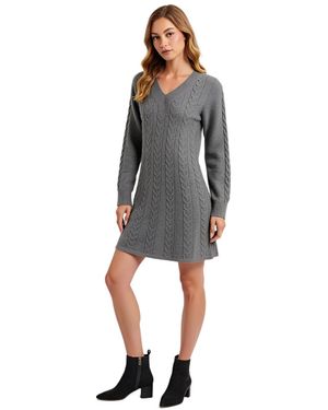 Modenaire Cable Knit V-neck Long Sleeve Sweater Dress - Gray