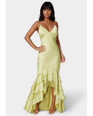Bebe Tiered Satin High Low Gown - Yellow