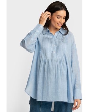 Seraphine Maternity Pintuck Ticking-stripe Shirt Top - Blue
