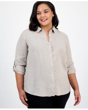 Charter Club Plus Size Roll-tab 100% Linen Shirt - Natural