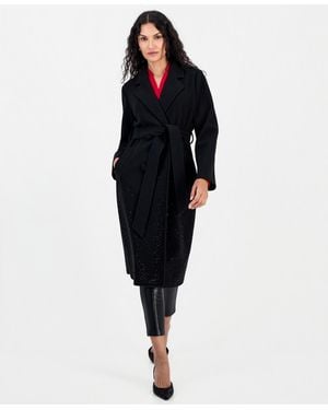 Tahari Double-breasted Heatset Embellishment Self Waist Tie Coat - Blue