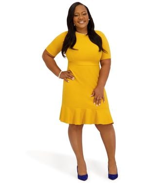 Kasper Round Neck Knee Length Ruffle Skirt Dress - Yellow