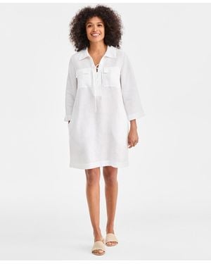 Charter Club 100% Linen Lace-up 3/4-sleeve Utility Dress - White