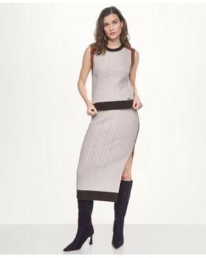 DKNY Color Block Cable Knit Crewneck Sweater Midi Pencil Skirt - Natural