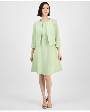 Le Suit Collarless Open-front Bolero & Scoop-neck Sleeveless Fit & Flare Dress Set - Black