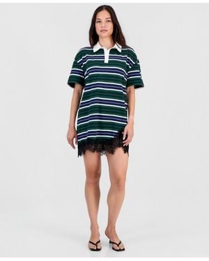 BarIII Short-sleeve Lace-trim Rugby Dress - Blue