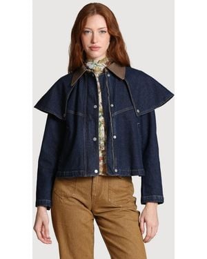 Avec Les Filles Denim Cape Spread Collar Jacket - Blue