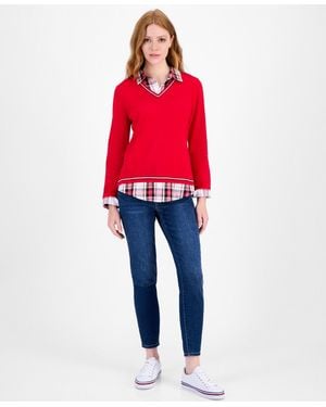 Tommy Hilfiger Cotton Twofer V-neck Long-sleeve Sweater - Red