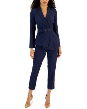 Tahari Belted Asymmetrical Jacket & Slim-fit Pantsuit Set - Blue