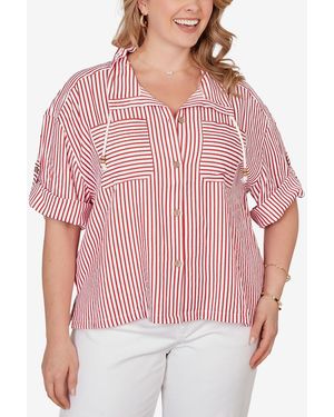 Ruby Rd. Plus Size Beaded Seersucker Portrait Collar Jacket - Red