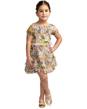 Mac Duggal Big Girls Floral Scoop Neck Ruffle Dress - White