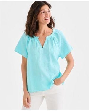 Style & Co. Style Co Cotton Gauze Flutter Sleeve Top Macys Exclusive - Blue