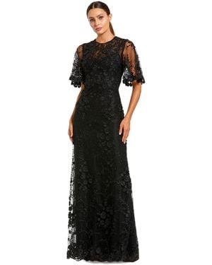 Mac Duggal Petite Flutter Sleeve Floral Embroidered Net Gown - Black