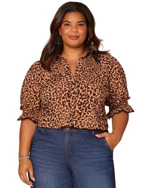 Democracy Plus Size Below Elbow Lantern Sleeve Shirt - Brown