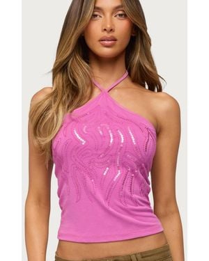 Edikted Rimona Sequin Halter Top - Pink
