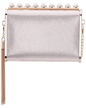 Nina Crystal Ornamented Minaudiere Tassel Lift Lock Clutch - White