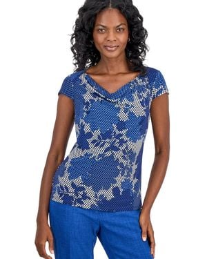 Kasper Petite Cowl Neck Cap-sleeve Blouse - Blue