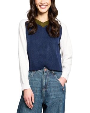 Central Park West Kate V-neck Colorblock Raglan Sleeves Sweater - Blue