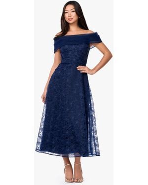 Betsy & Adam Off-the-shoulder Embroidered A-line Midi Dress - Blue