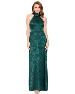 B & A by Betsy and Adam Floral Mock Neck Long Gown - Green