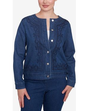 Ruby Rd. Petite Dark Stretch Denim Embroidered Jacket - Blue