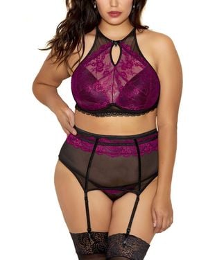 iCollection Luciana Plus Size Exotic Floral Lace Halter - Purple