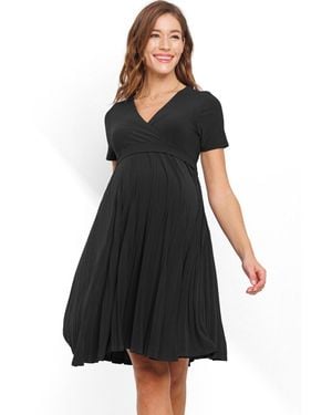 Hello Miss Maternity A-line Pleated V-neck Nursing Dress - Black