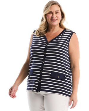 Rafaella Plus Size Striped Button Front Sleeveless Tank Top - Blue