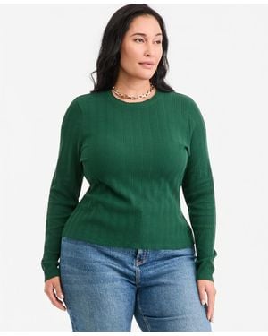 On 34th Plus Size Meet & Greet Pointelle Rib-knit Jacquard Long-sleeve Top - Green