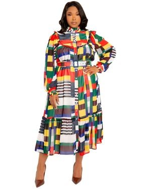 Buxom Couture Plus Size Plaid Ruffle Collar Shirt Dress - Red