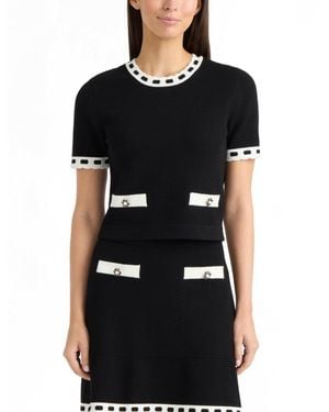 Ellen Tracy Honeycomb-stitch Contrast-trim Short-sleeve Sweater - Black