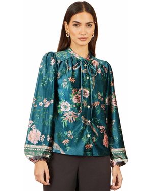 Yumi' Floral Tie Neck Velvet Blouse - Green