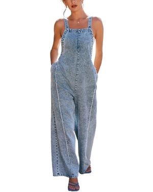 CUPSHE Square Neck Denim Jumpsuit - Blue