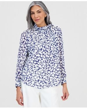 Kasper Printed High-tie-neck Long-sleeve Top - Blue