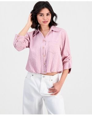 Democracy Petite Smocked Collar Bubble-hem Striped Collared Shirt - Pink