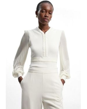 Karen Millen Pleated Sleeve Zip-neck Top - White