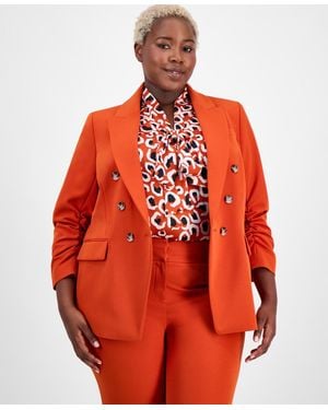 Tahari Plus Size Double-breasted Ruched-sleeve Jacket - Red