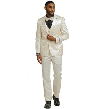 Stacy Adams 3-piece Paisley Jacket With Solid Vest And Pants Suit Notch Lapel - White