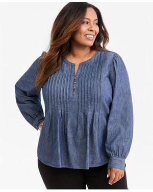 Style & Co. Plus Size Chambray Pintuck Long-sleeve Top - Blue