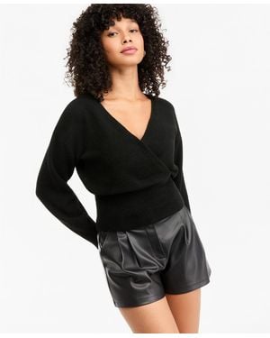 BarIII Sculpted Surplice Long-sleeve Ribbed-knit Sweater - Black