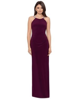 Betsy & Adam Halter-neck Rhinestone-strap Gown - Purple