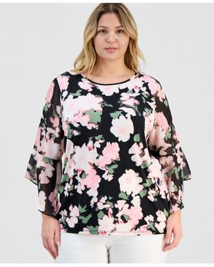 Kasper Plus Size Large-floral-print Ruffle-sleeve Blouse - Multicolor