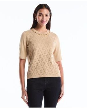 Rafaella Diamond Stitch Crew Neck Sweater - Natural