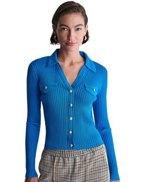 BCBGMAXAZRIA Ribbed Knit Collared V-neck Cardigan - Blue